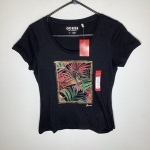 Guess Womens Black T Shirt With Gold Sequins‎ And Palm Leaves Sz Large